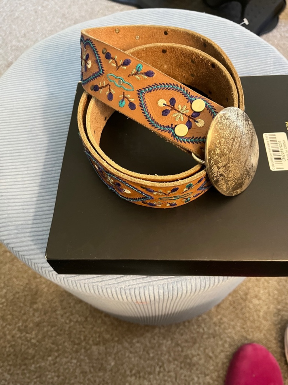 LUCKY BRAND Embroidered Tan Leather Women's Belt with Silver Oval Buckle